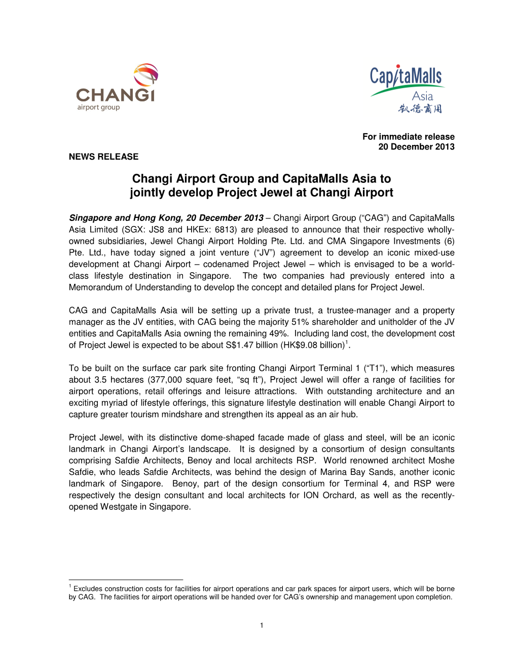 Changi Airport Group and Capitamalls Asia to Jointly Develop Project Jewel at Changi Airport