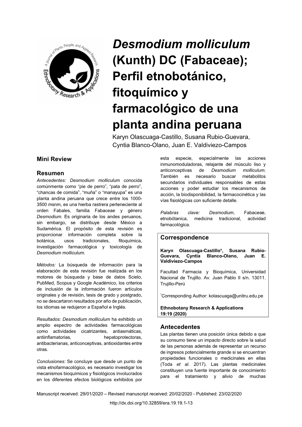 Desmodium Molliculum (Kunth) DC (Fabaceae); Perfil Etnobotánico, Fitoquímico Y Farmacológico De Una Planta Andina Peruana