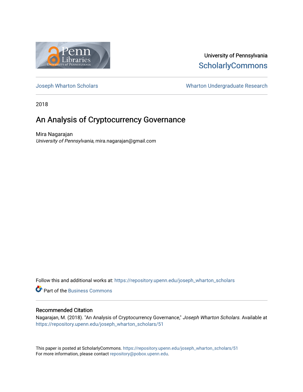 An Analysis of Cryptocurrency Governance