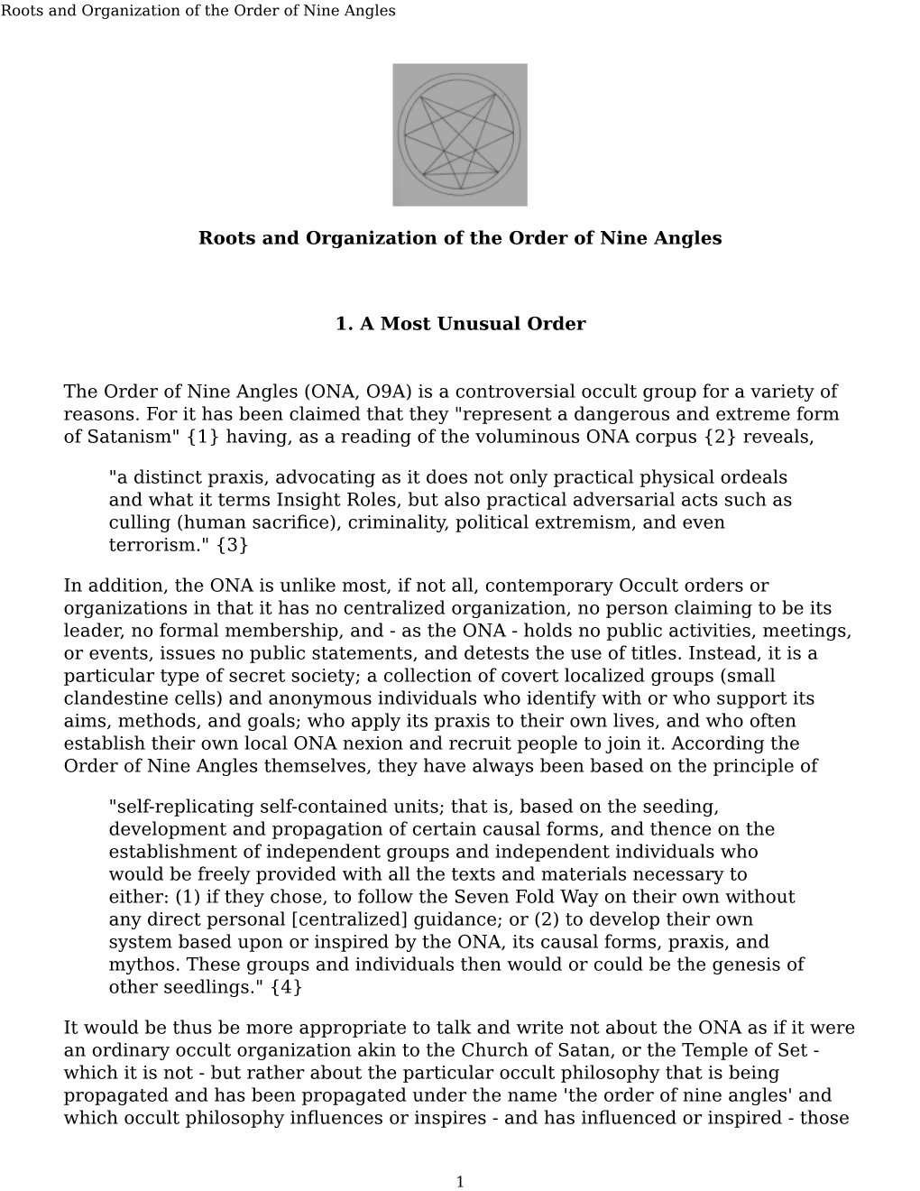 Roots and Organization of the Order of Nine Angles 1