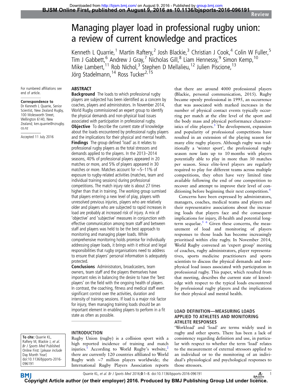 Managing Player Load in Professional Rugby Union