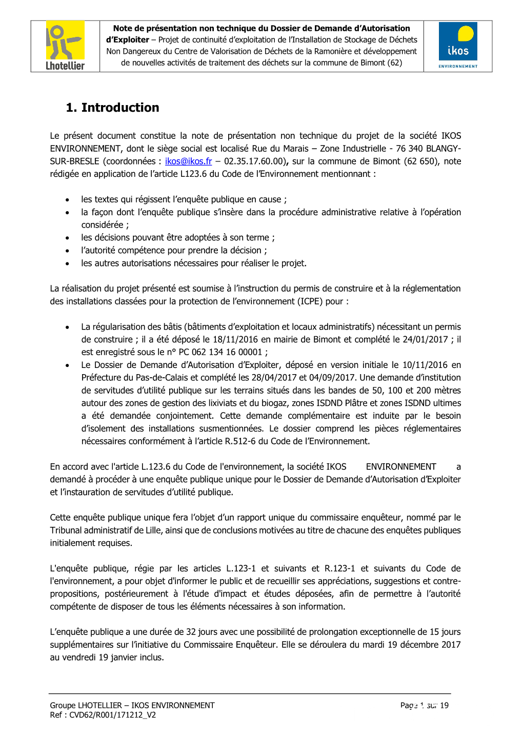 Bimont (62 650), Note Rédigée En Application De L’Article L123.6 Du Code De L’Environnement Me Ntionnant