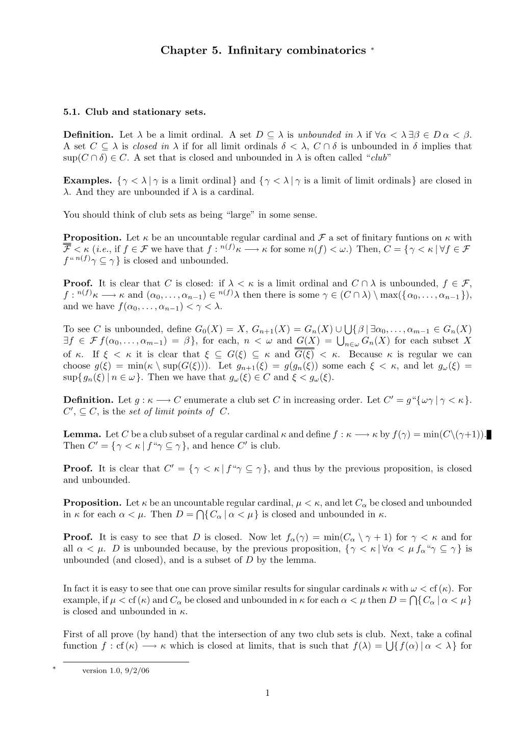 Chapter 5. Infinitary Combinatorics ∗