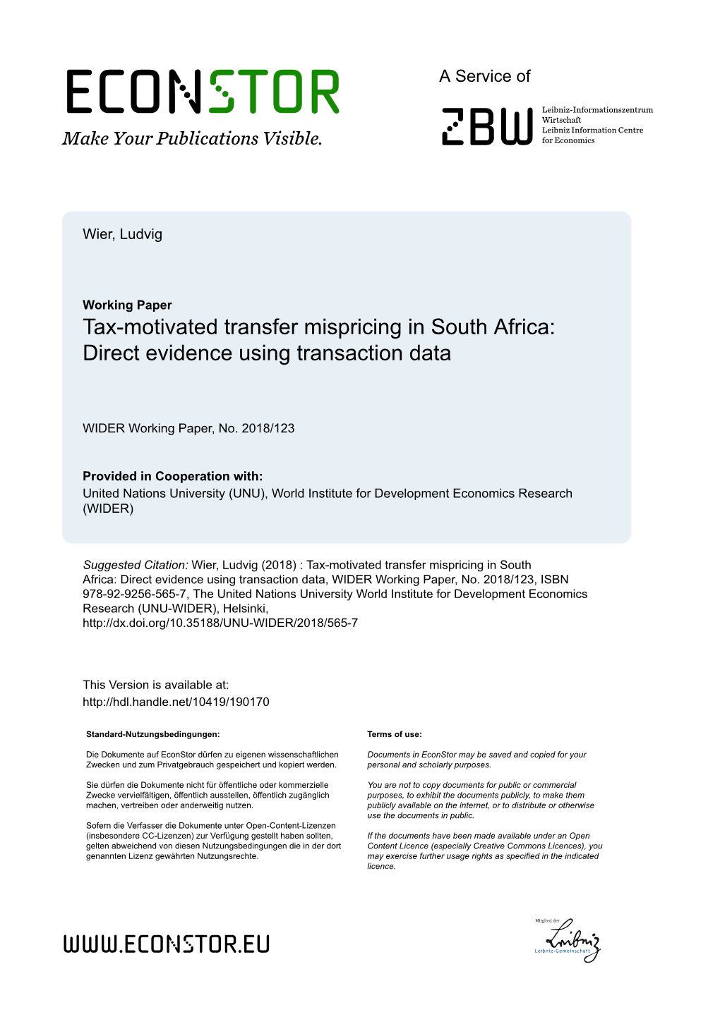 WIDER Working Paper 2018/123: Tax-Motivated Transfer Mispricing In