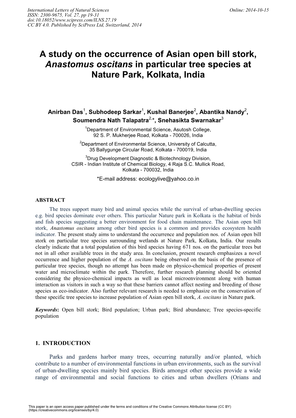 A Study on the Occurrence of Asian Open Bill Stork, Anastomus Oscitans in Particular Tree Species at Nature Park, Kolkata, India