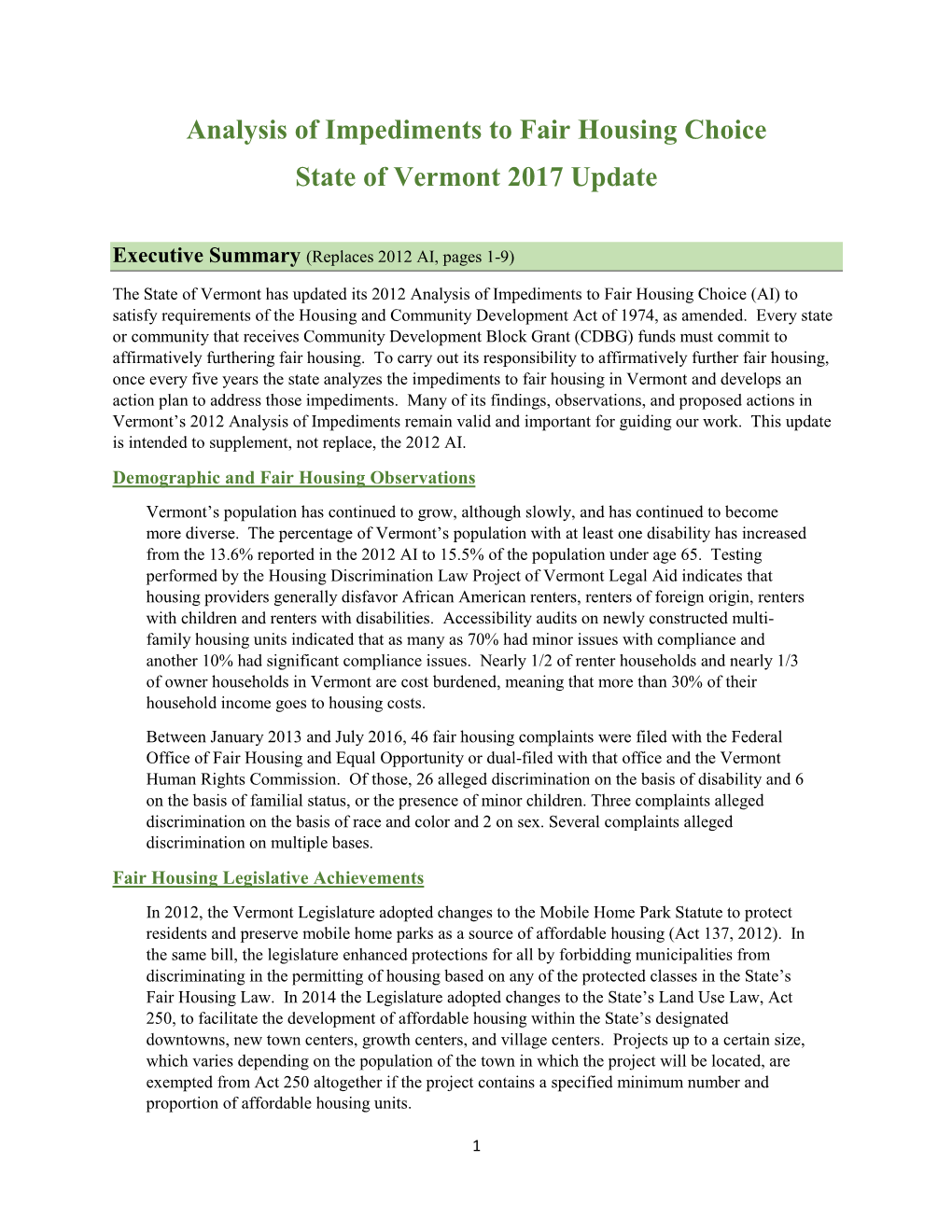 Analysis of Impediments to Fair Housing Choice State of Vermont 2017 Update