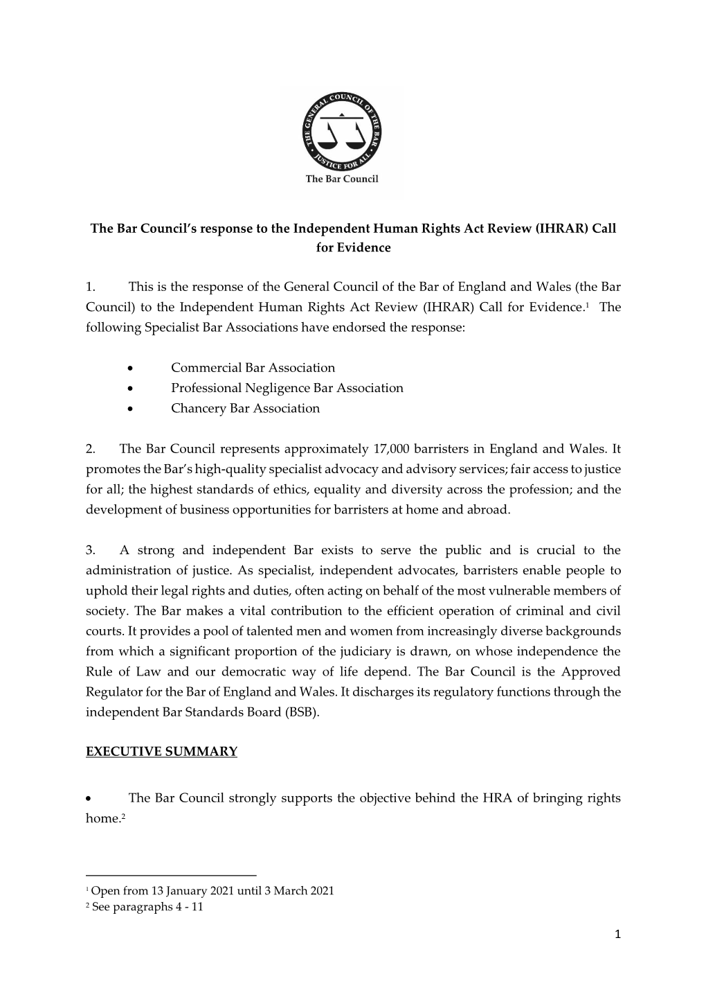 1 the Bar Council's Response to the Independent Human Rights Act