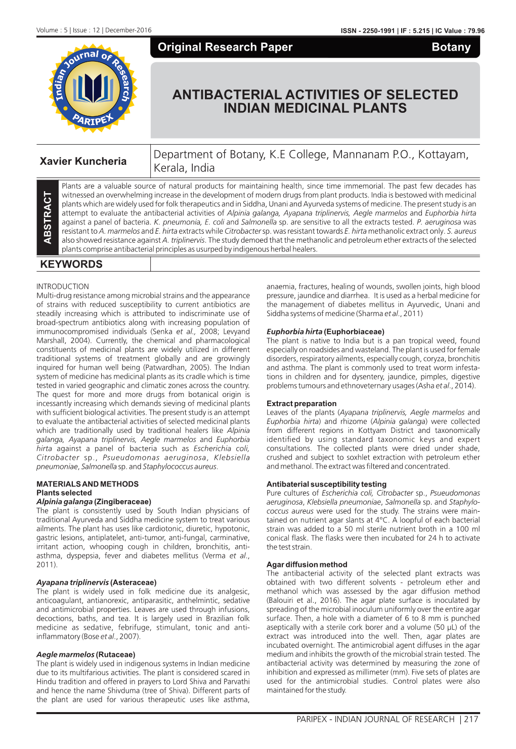 Antibacterial Activities of Selected Indian Medicinal Plants