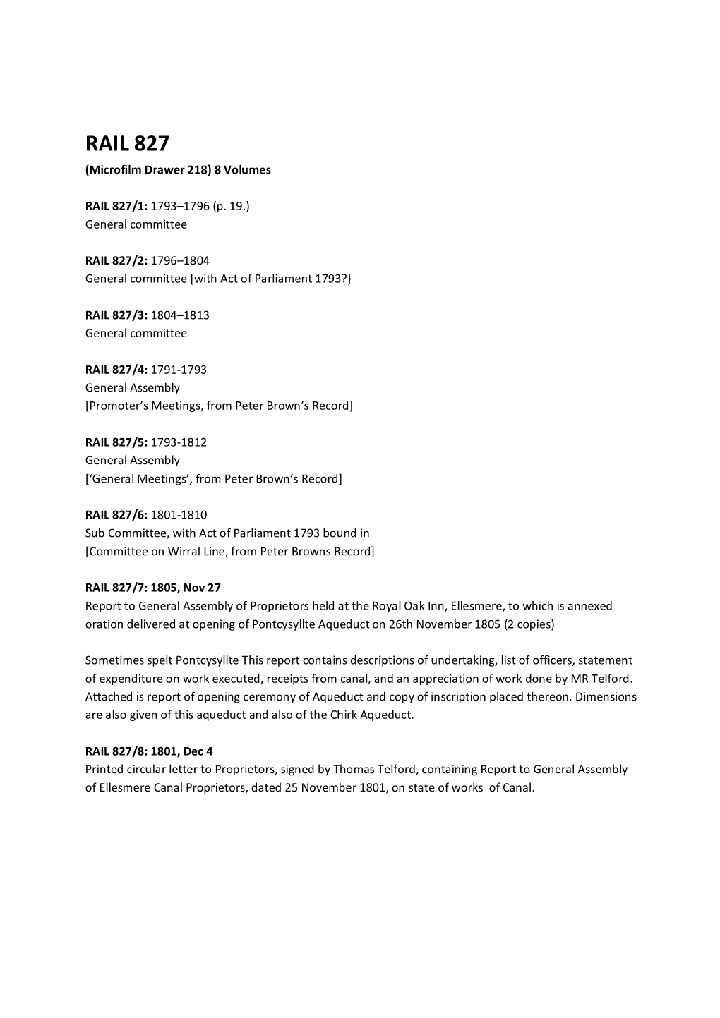RAIL 827 (Microfilm Drawer 218) 8 Volumes