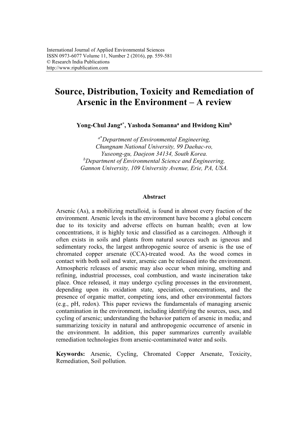 Source, Distribution, Toxicity and Remediation of Arsenic in the Environment – a Review