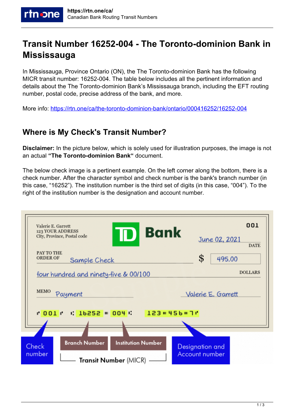 000416252 — Transit and Routing Numbers for the the Toronto-Dominion Bank in Mississauga