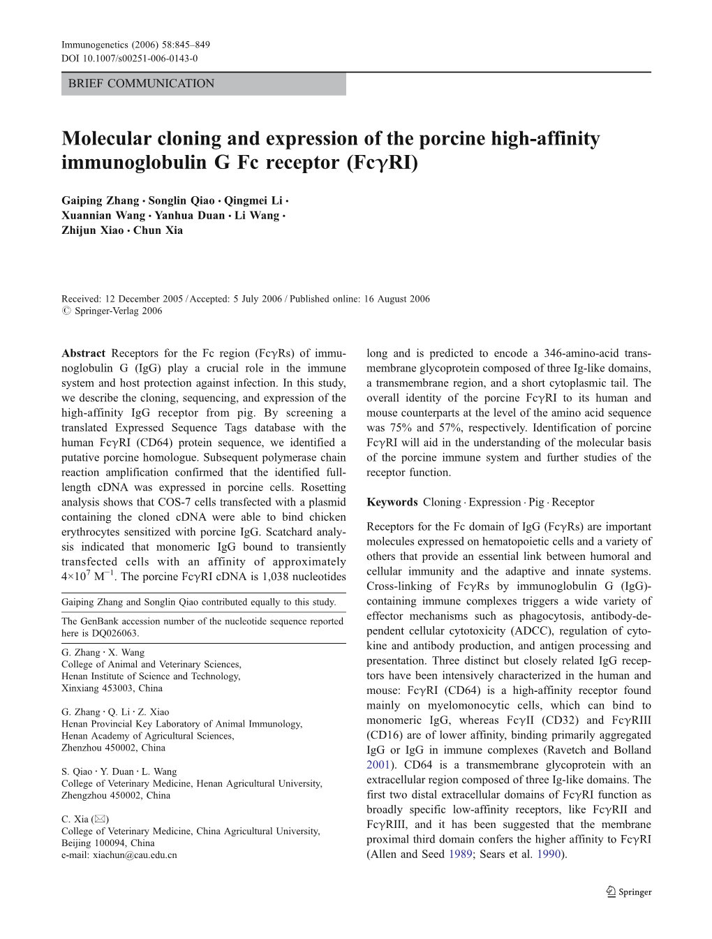 Molecular Cloning and Expression of the Porcine High-Affinity Immunoglobulin G Fc Receptor (Fcγri)