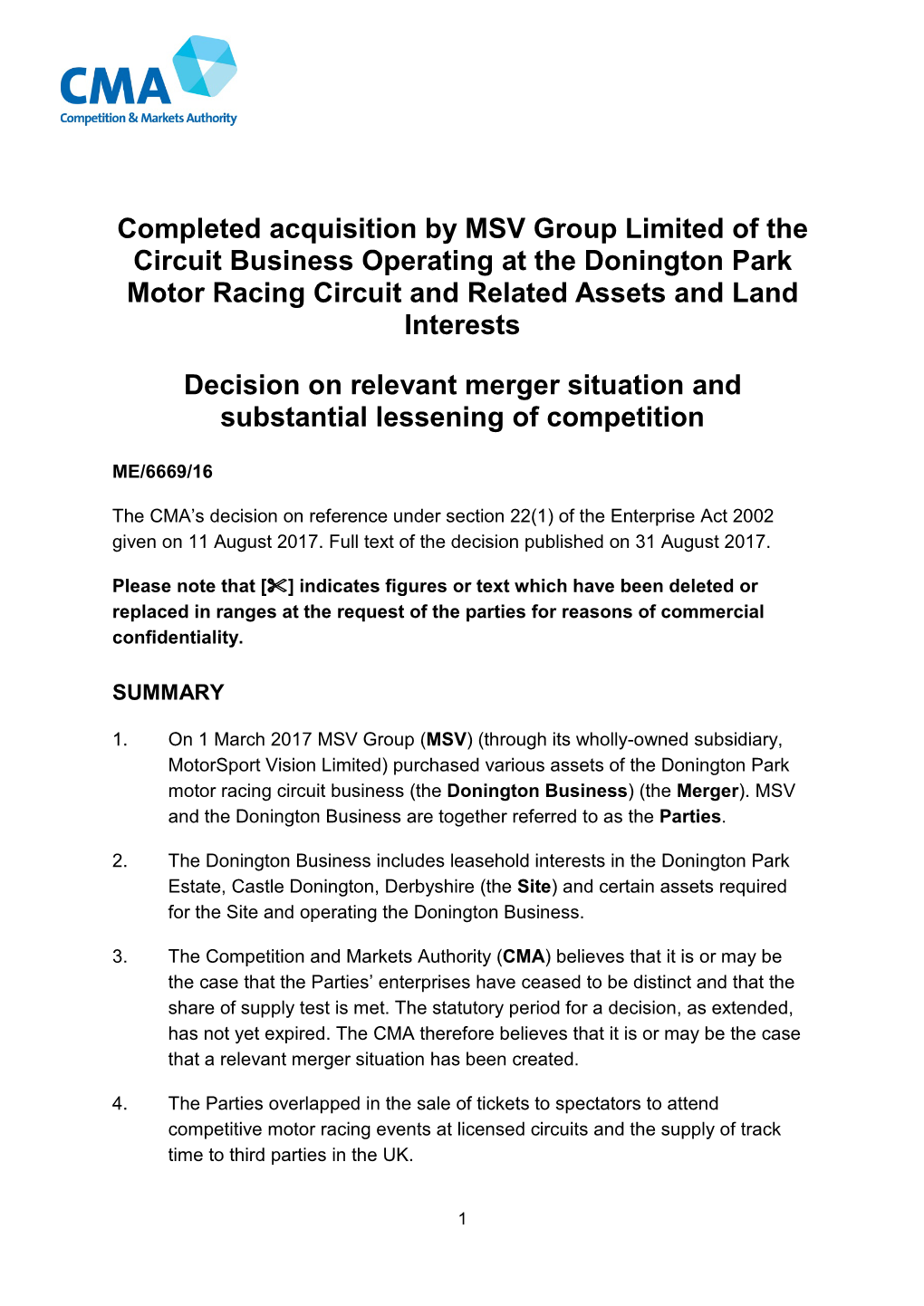 Completed Acquisition by MSV Group Limited of the Circuit Business Operating at the Donington Park Motor Racing Circuit and Related Assets and Land Interests