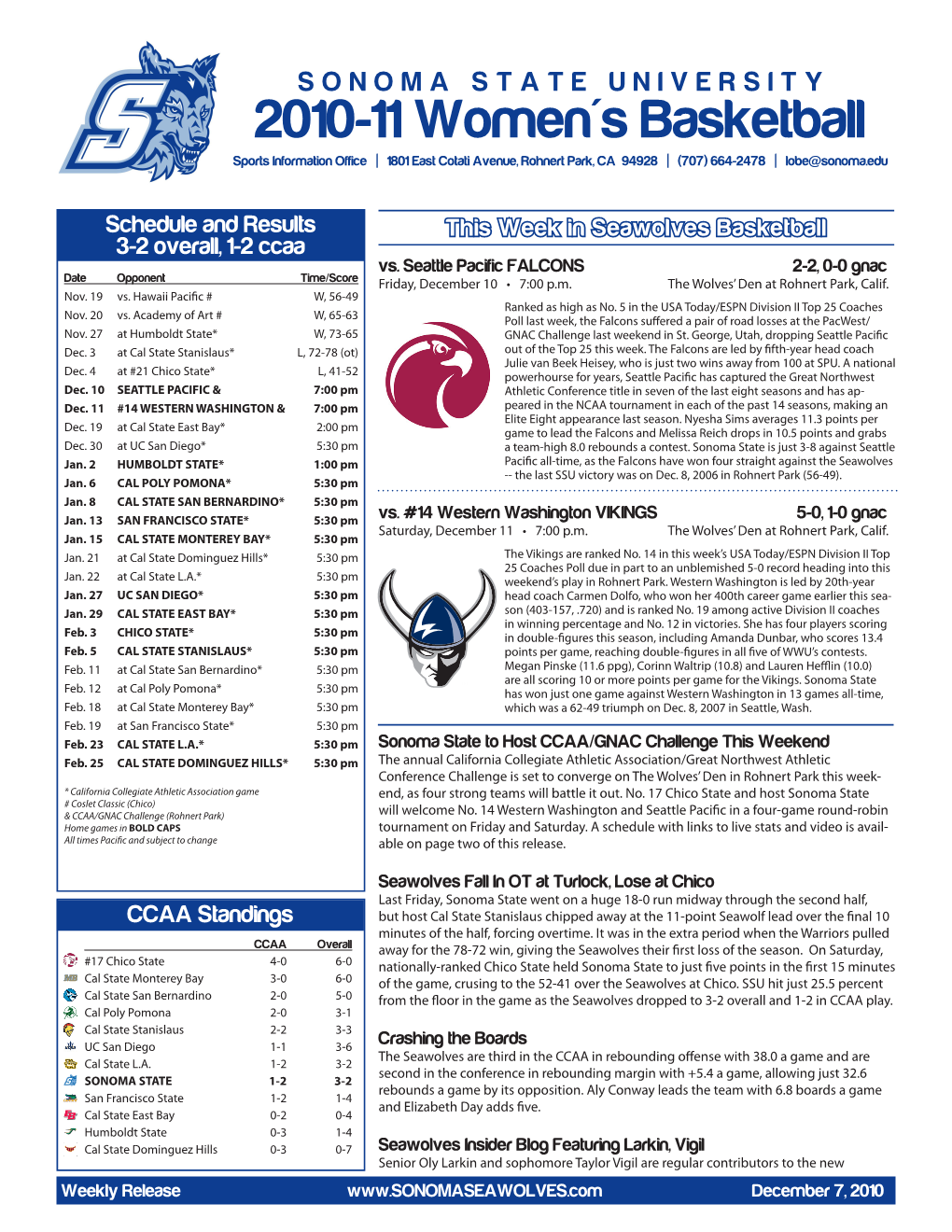 2010-11 Women's Basketball Sports Information Office | 1801 East Cotati Avenue, Rohnert Park, CA 94928 | (707) 664-2478 | Lobe@Sonoma.Edu