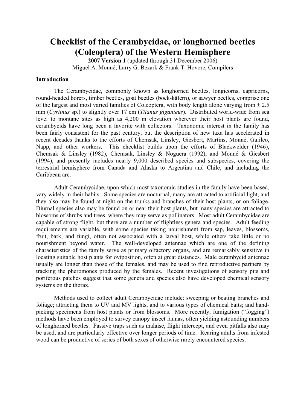 (Coleoptera) of the Western Hemisphere 2007 Version 1 (Updated Through 31 December 2006) Miguel A