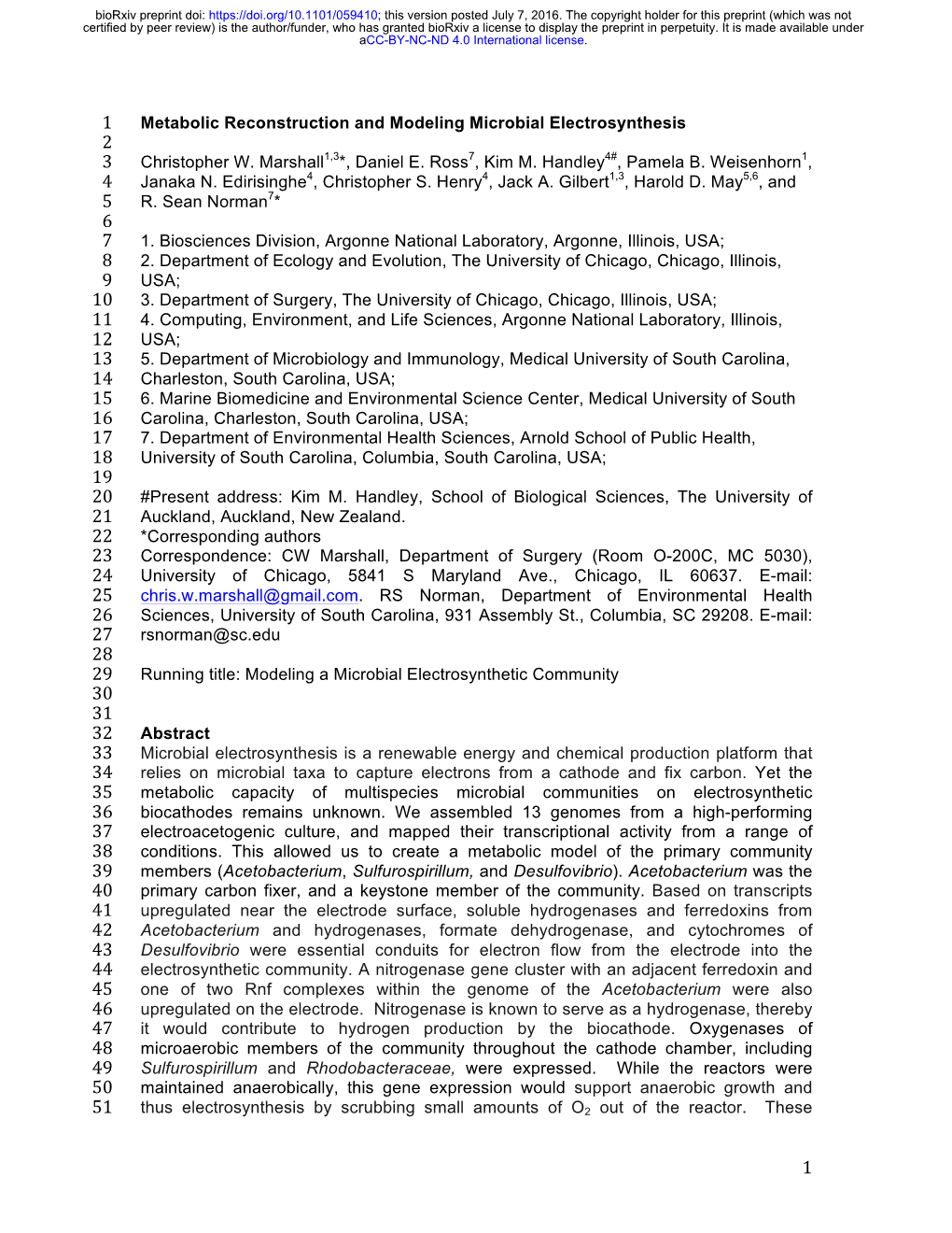 Metabolic Reconstruction and Modeling Microbial Electrosynthesis 2 3 Christopher W