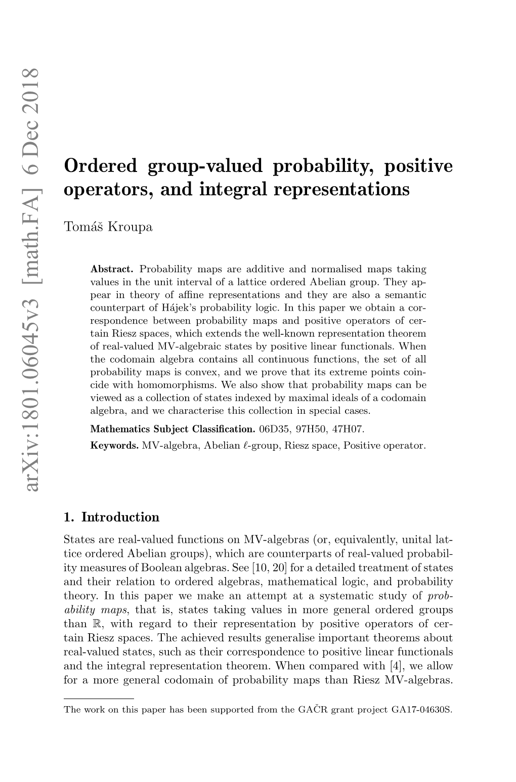 Ordered Group-Valued Probability, Positive Operators, And