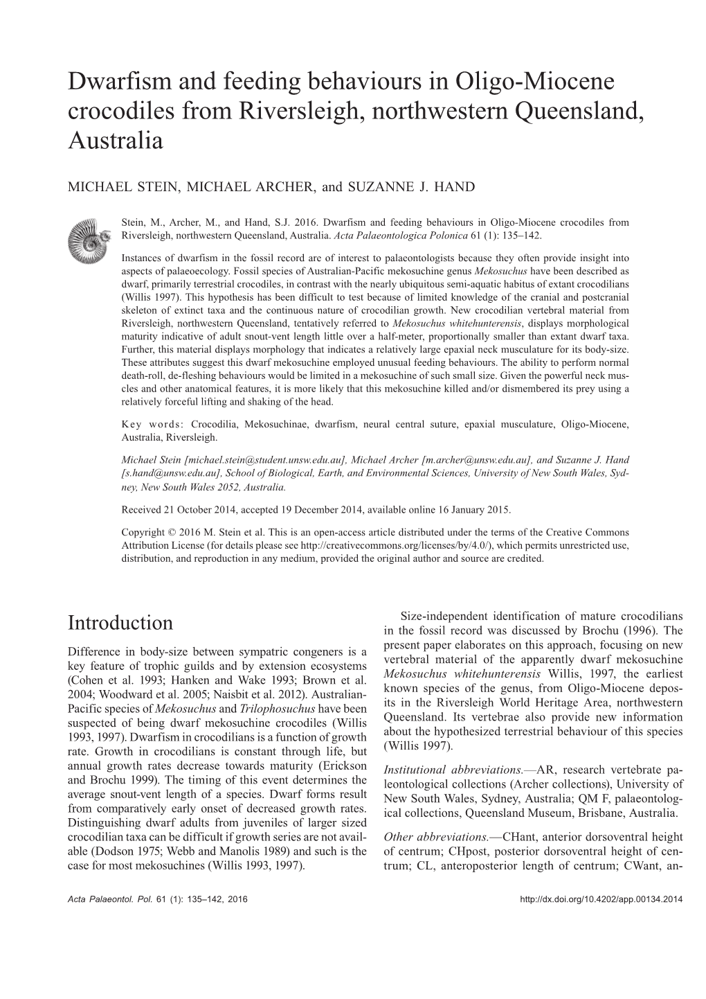 Dwarfism and Feeding Behaviours in Oligo-Miocene Crocodiles from Riversleigh, Northwestern Queensland, Australia