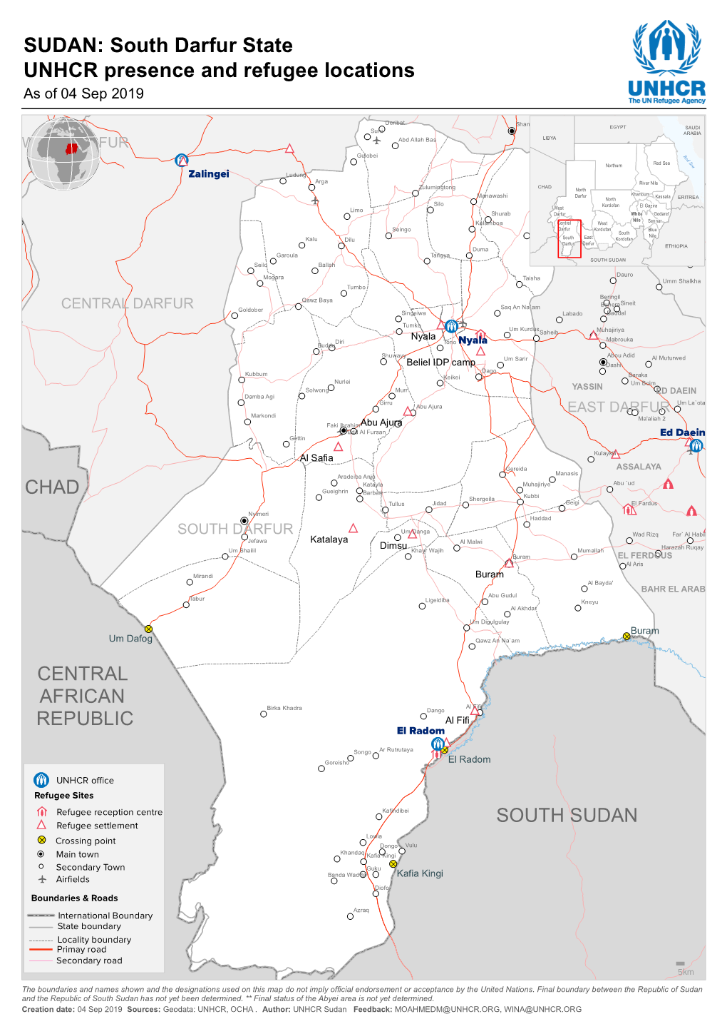 South Darfur State UNHCR Presence and Refugee Locations