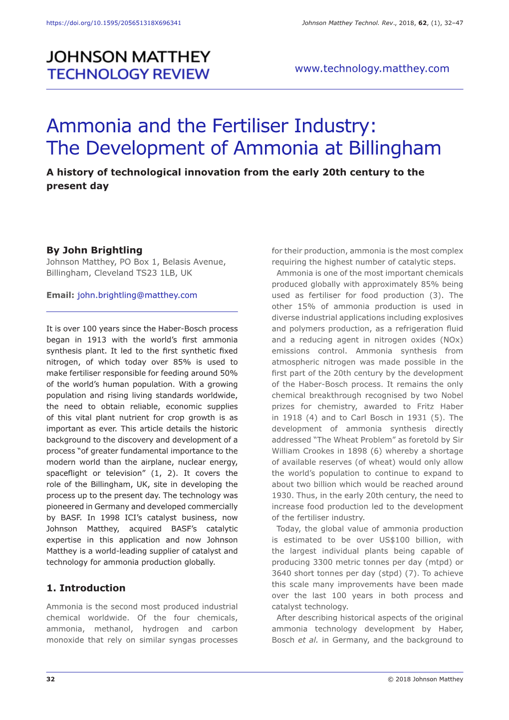 Ammonia and the Fertiliser Industry: the Development of Ammonia at Billingham a History of Technological Innovation from the Early 20Th Century to the Present Day