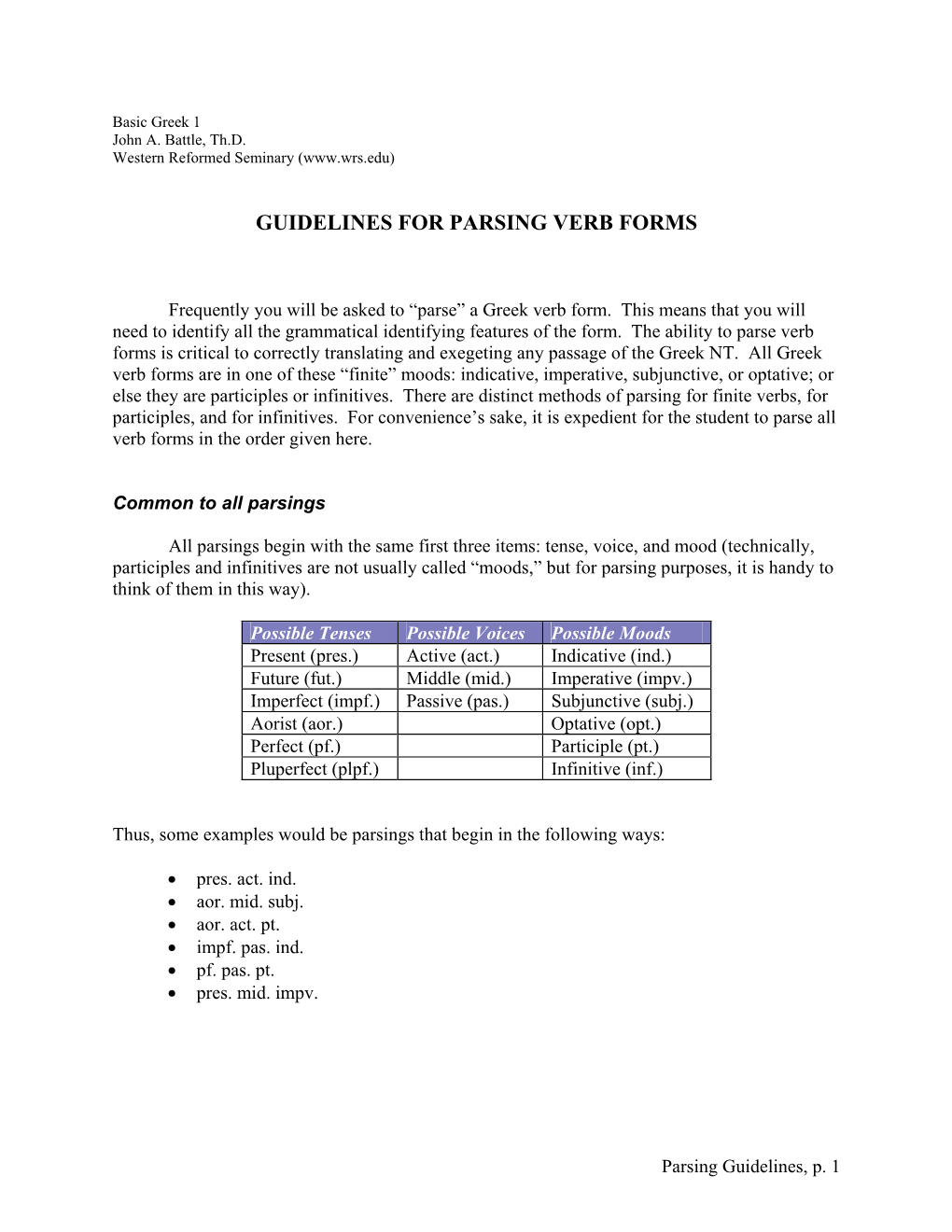 Guidelines for Parsing Verb Forms