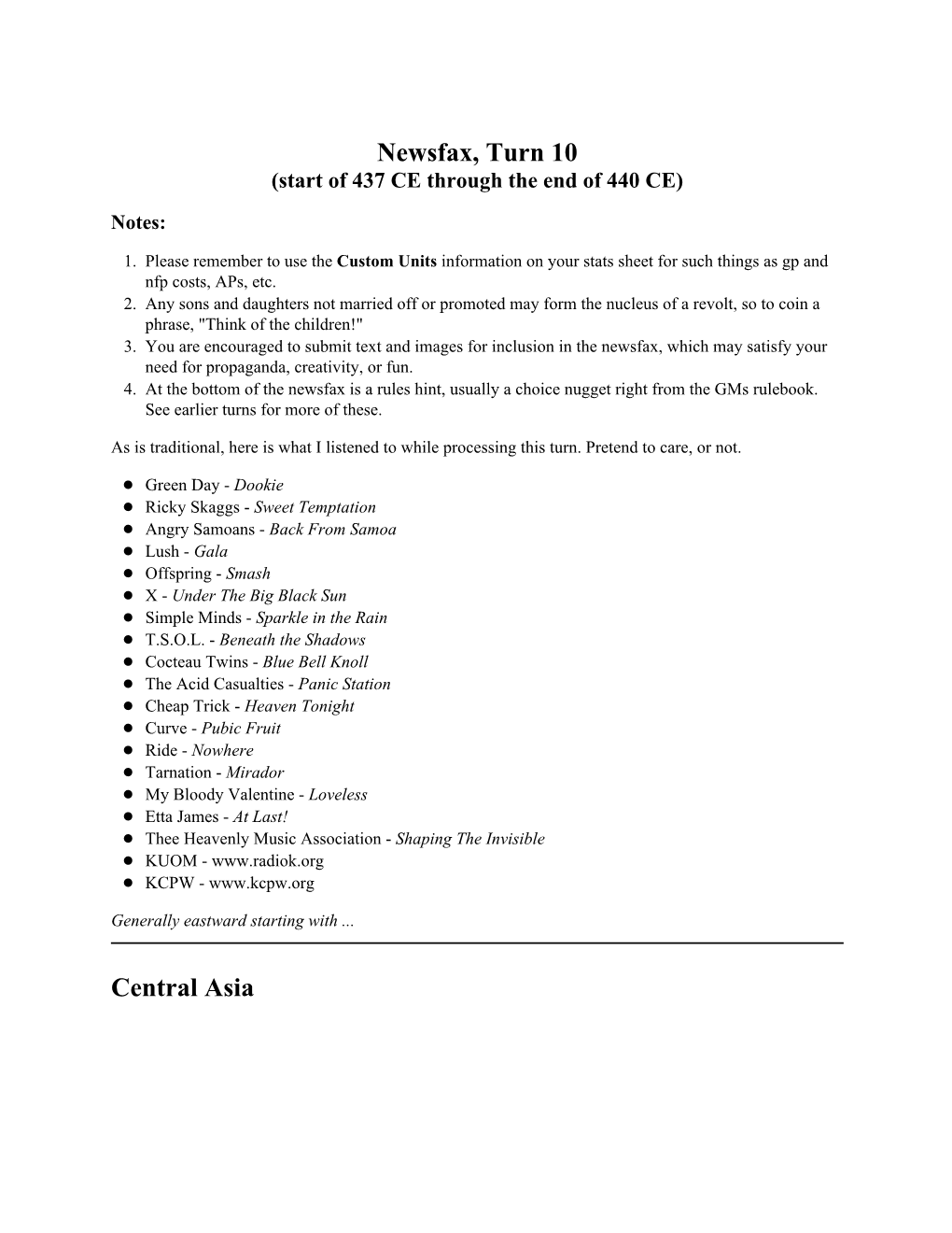 Newsfax, Turn 10 Central Asia