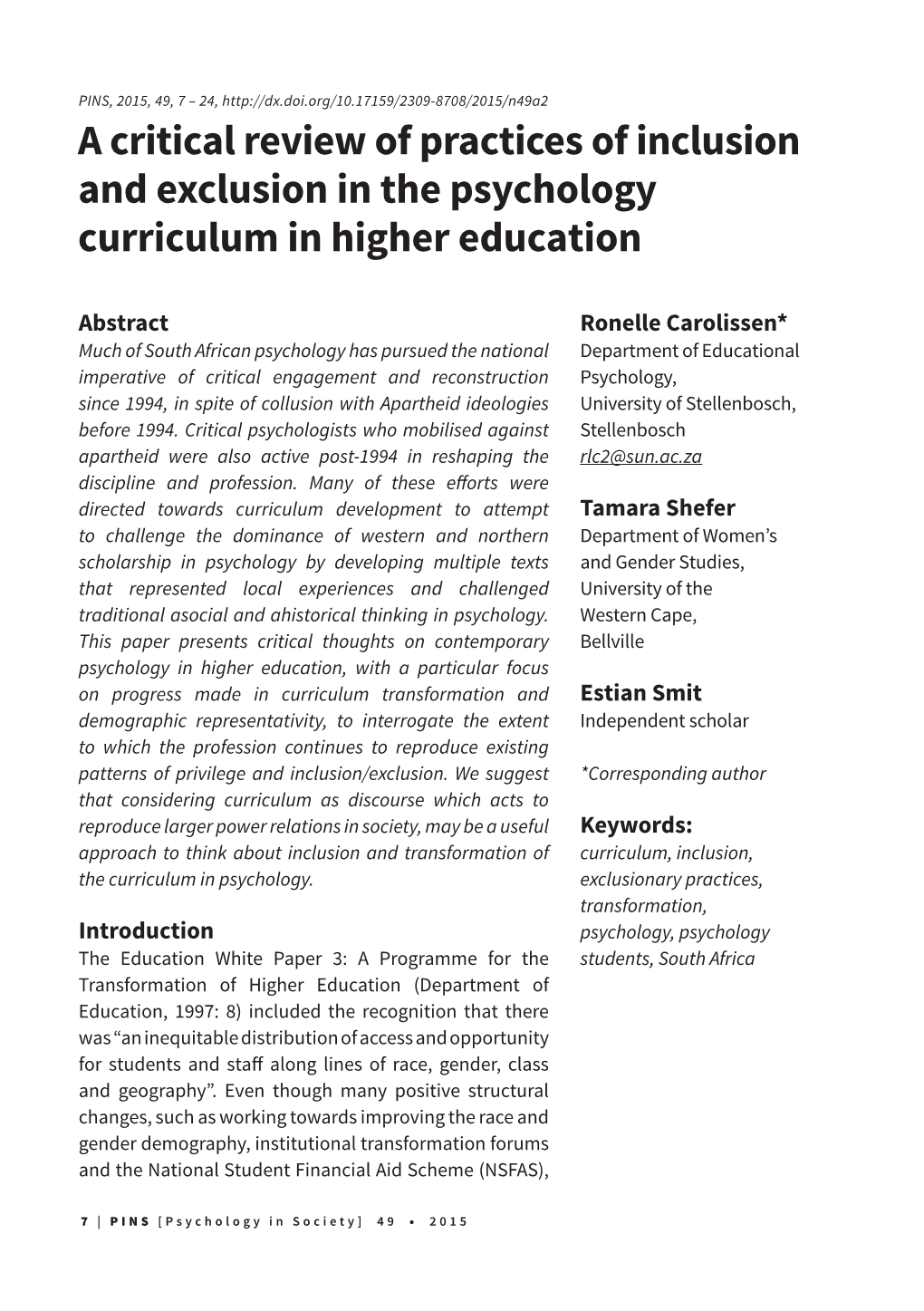 A Critical Review of Practices of Inclusion and Exclusion in the Psychology Curriculum in Higher Education