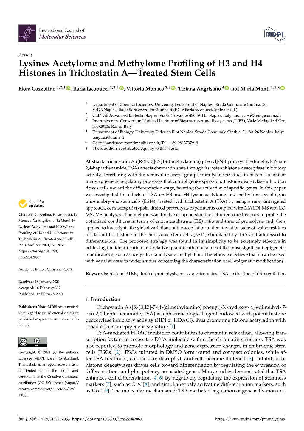 Lysines Acetylome and Methylome Profiling of H3 and H4 Histones in Trichostatin A—Treated Stem Cells