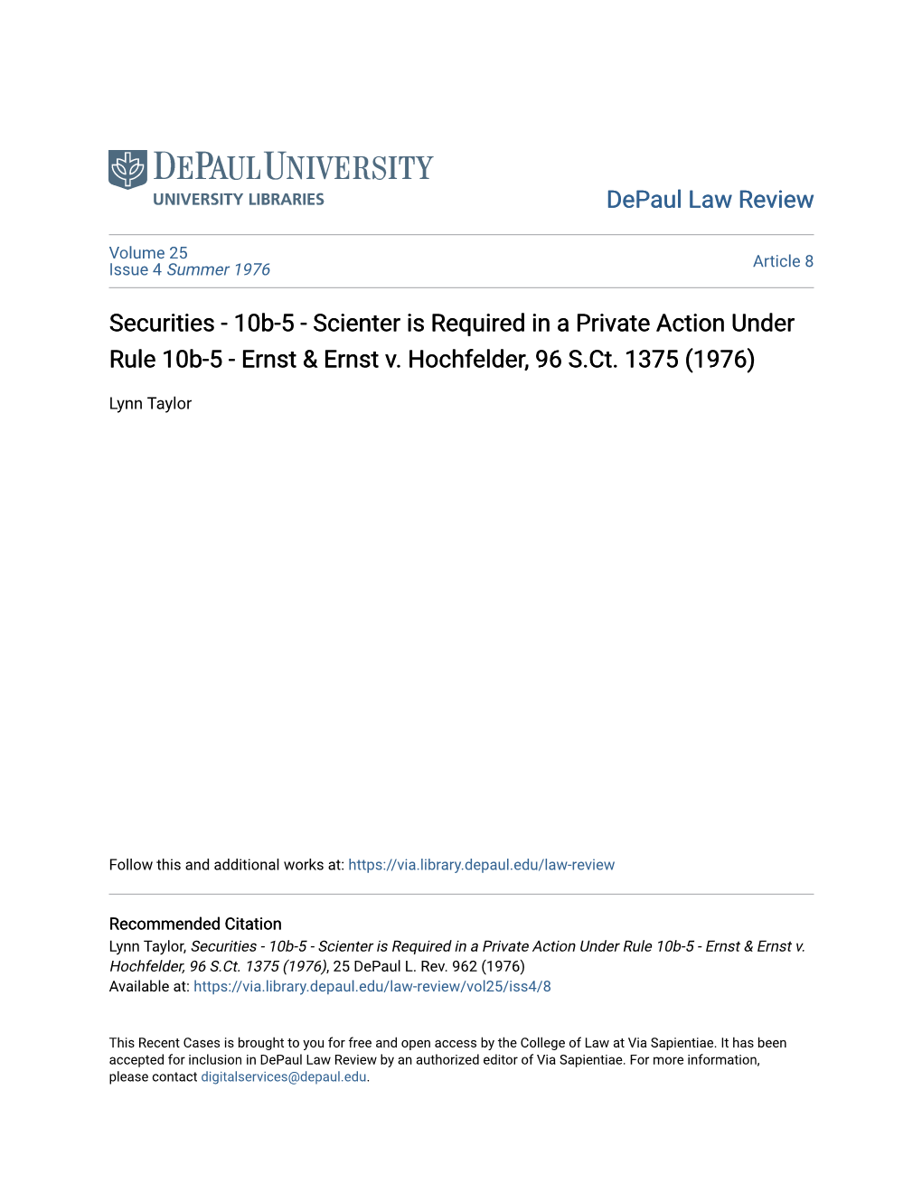 Scienter Is Required in a Private Action Under Rule 10B-5 - Ernst & Ernst V