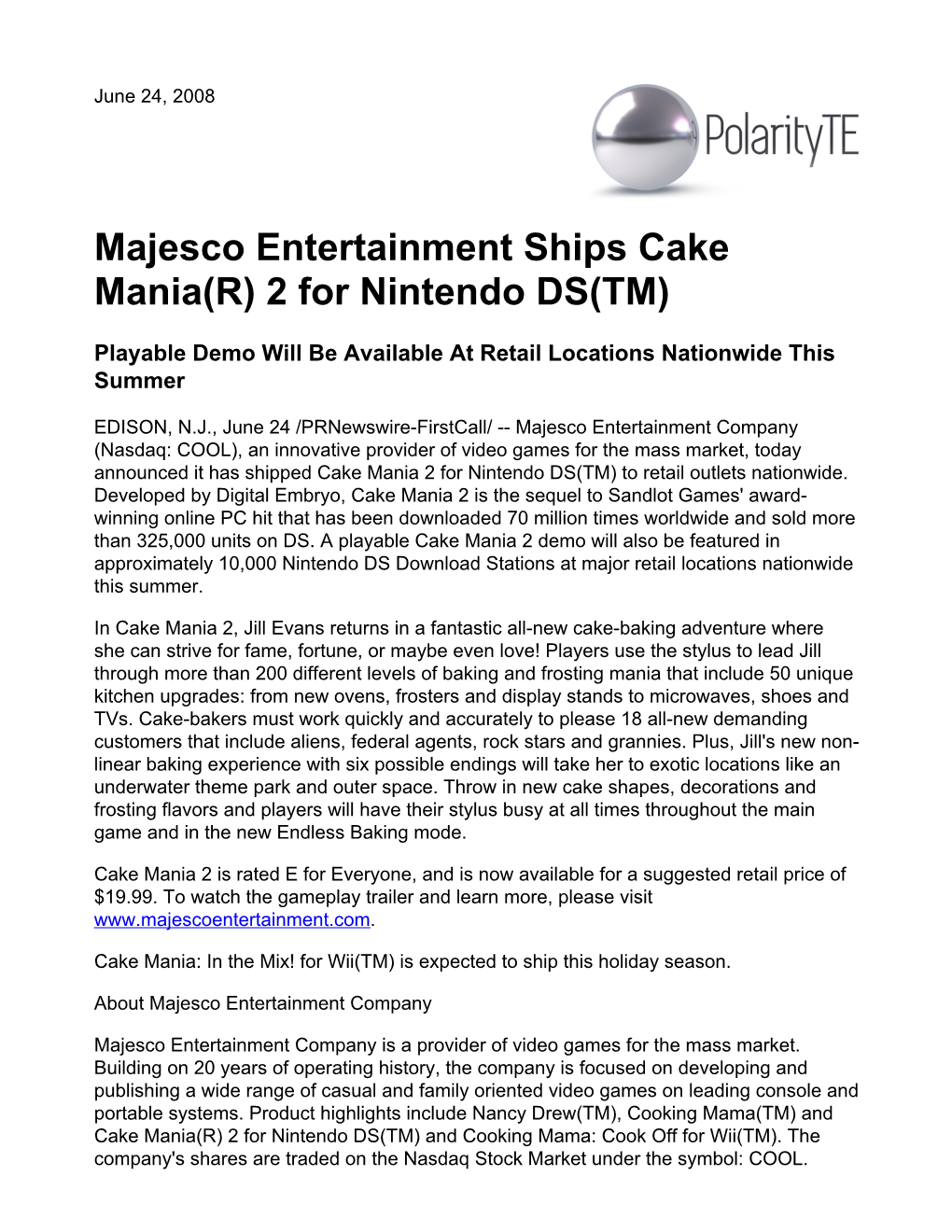 Majesco Entertainment Ships Cake Mania(R) 2 for Nintendo DS(TM)