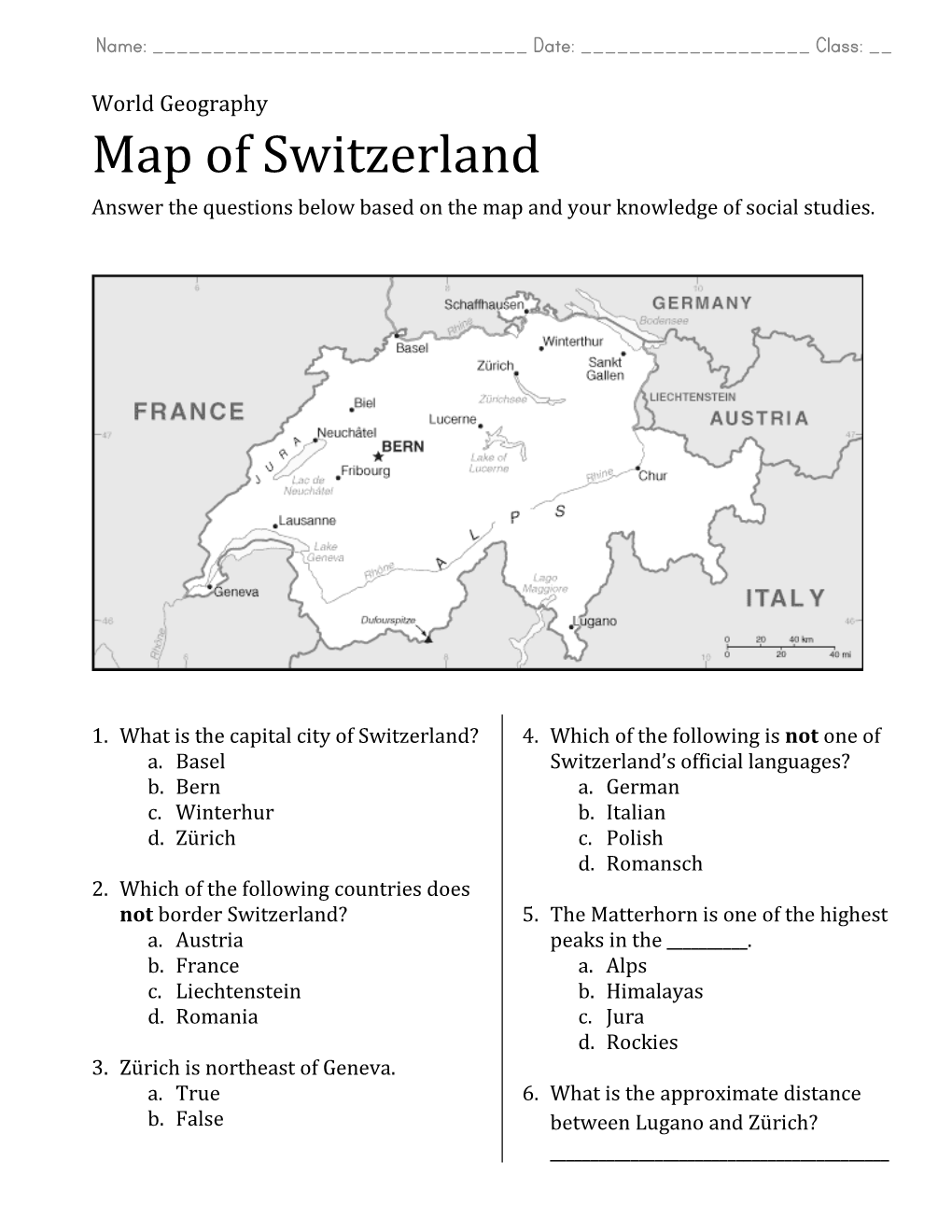 Map of Switzerland Answer the Questions Below Based on the Map and Your Knowledge of Social Studies