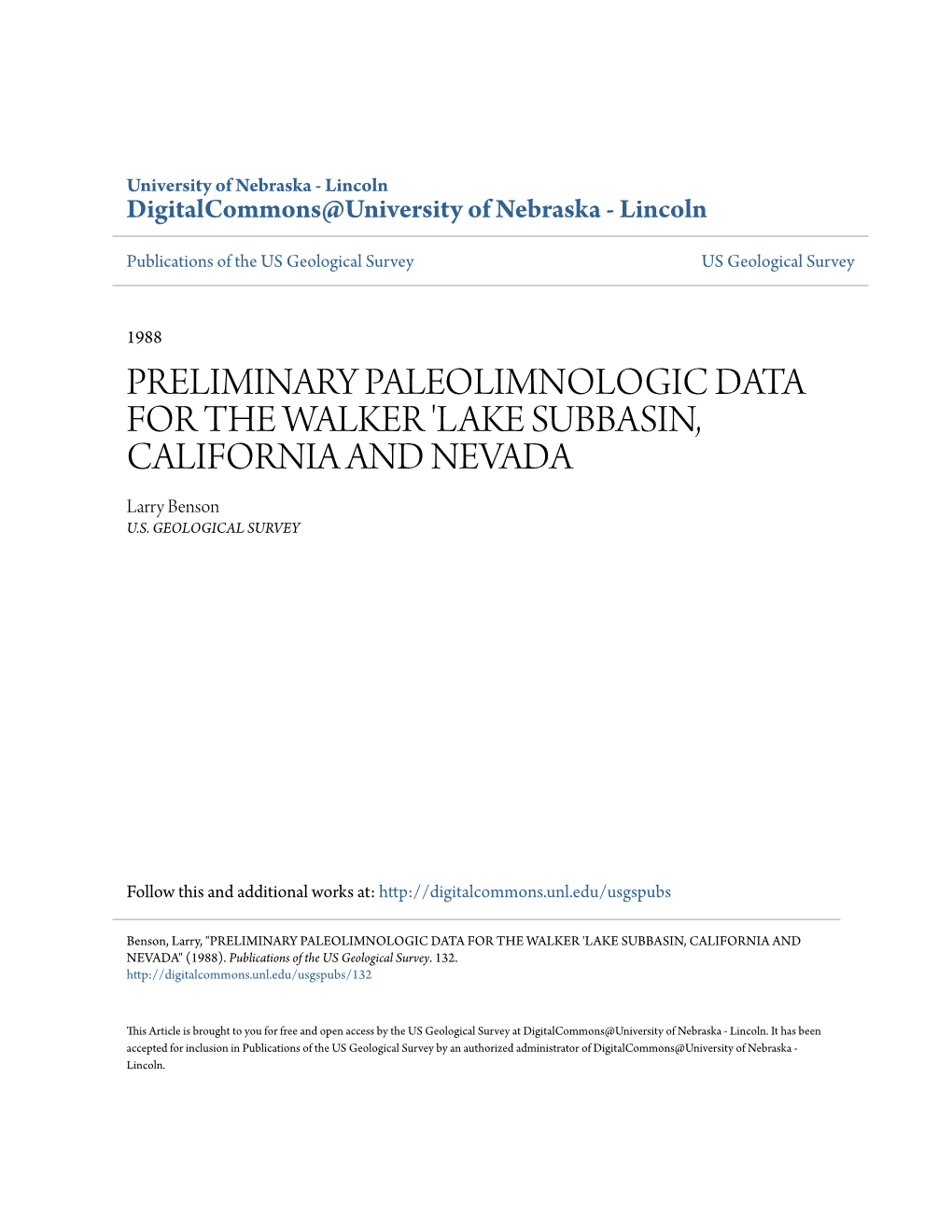 PRELIMINARY PALEOLIMNOLOGIC DATA for the WALKER 'LAKE SUBBASIN, CALIFORNIA and NEVADA Larry Benson U.S