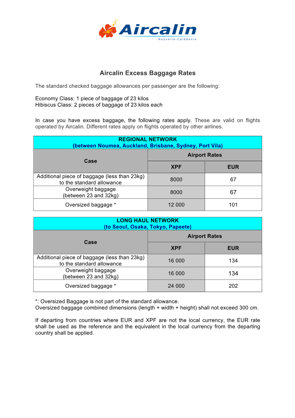 Aircalin Excess Baggage Rates