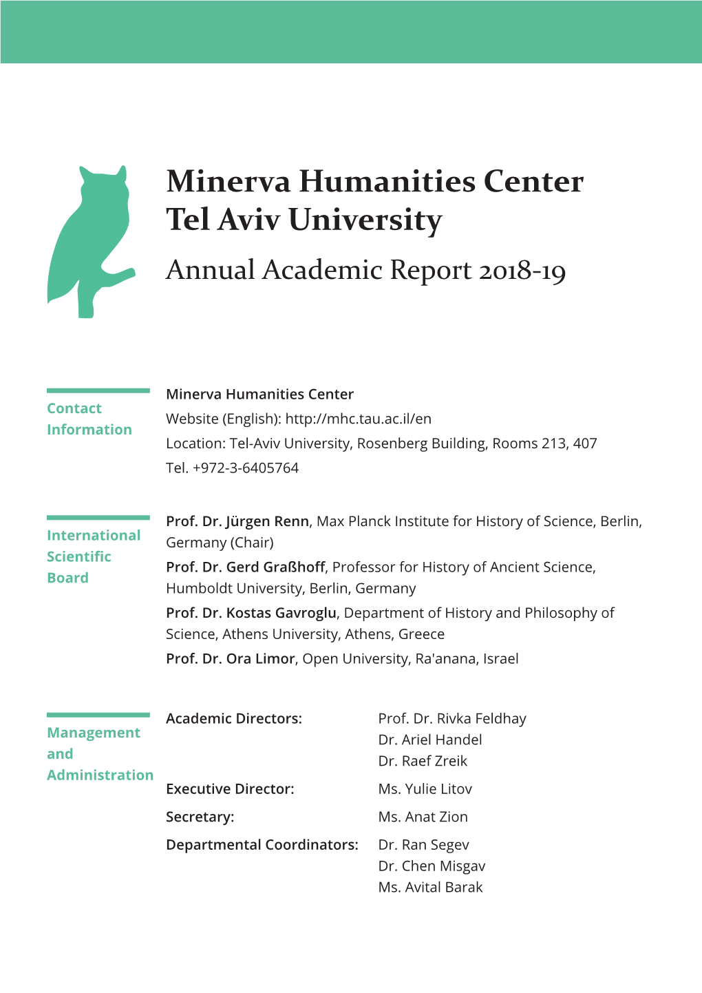 Minerva Humanities Center Tel Aviv University Annual Academic Report 2018-19