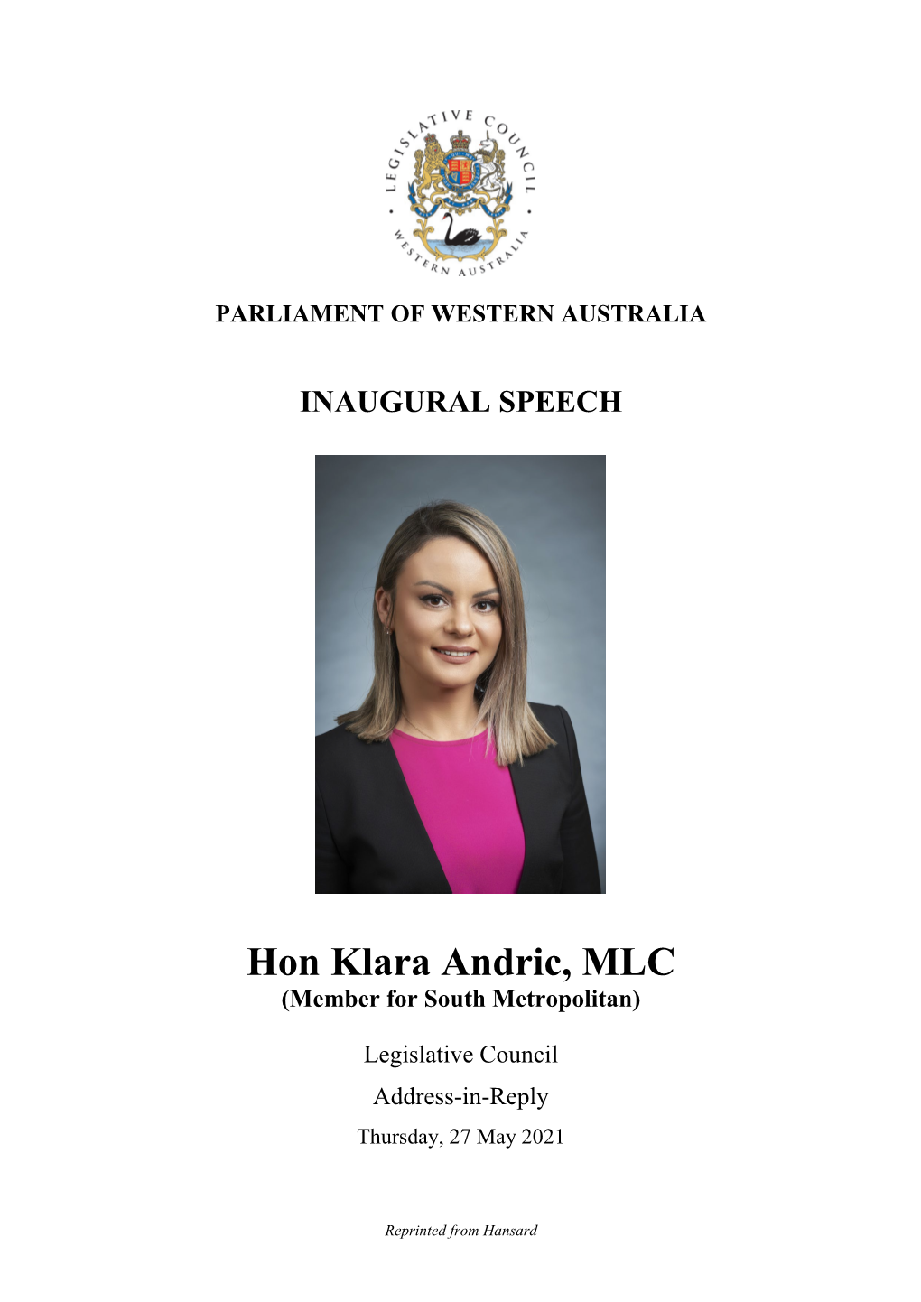 Hon Klara Andric, MLC (Member for South Metropolitan)