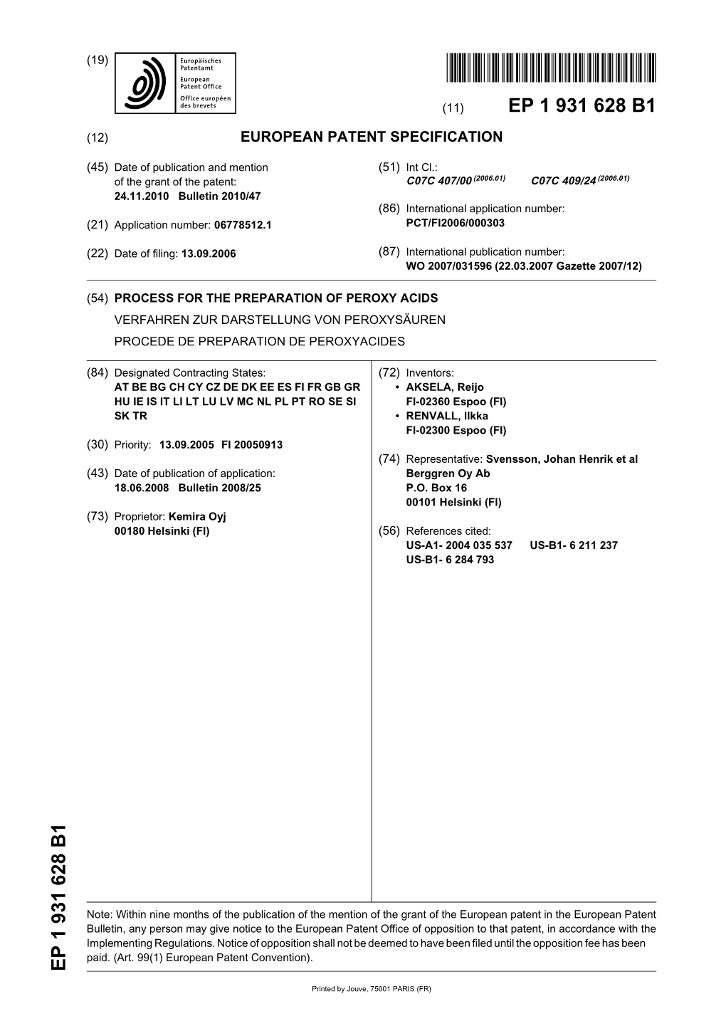 Process for the Preparation of Peroxy Acids Verfahren Zur Darstellung Von Peroxysäuren Procede De Preparation De Peroxyacides