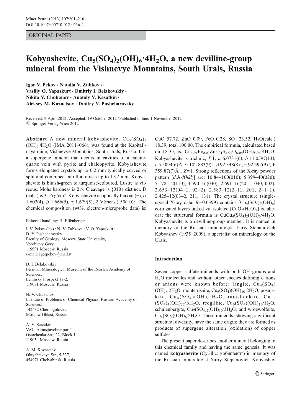 Kobyashevite, Cu5(SO4)2(OH)6·4H2O, a New Devilline-Group Mineral from the Vishnevye Mountains, South Urals, Russia