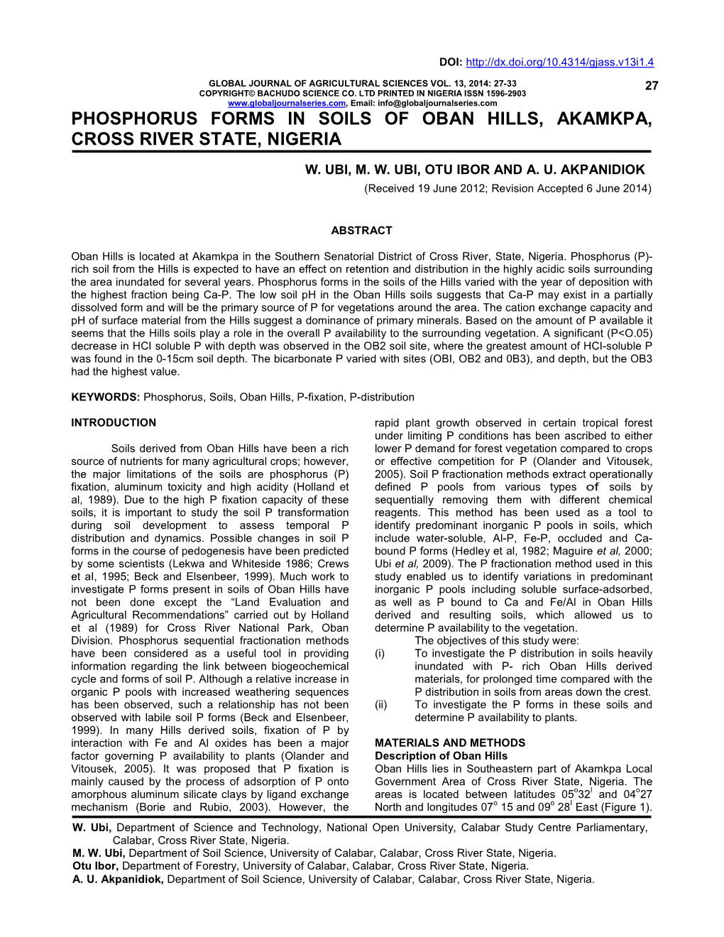 Phosphorus Forms in Soils of Oban Hills, Akamkpa, Cross River State, Nigeria