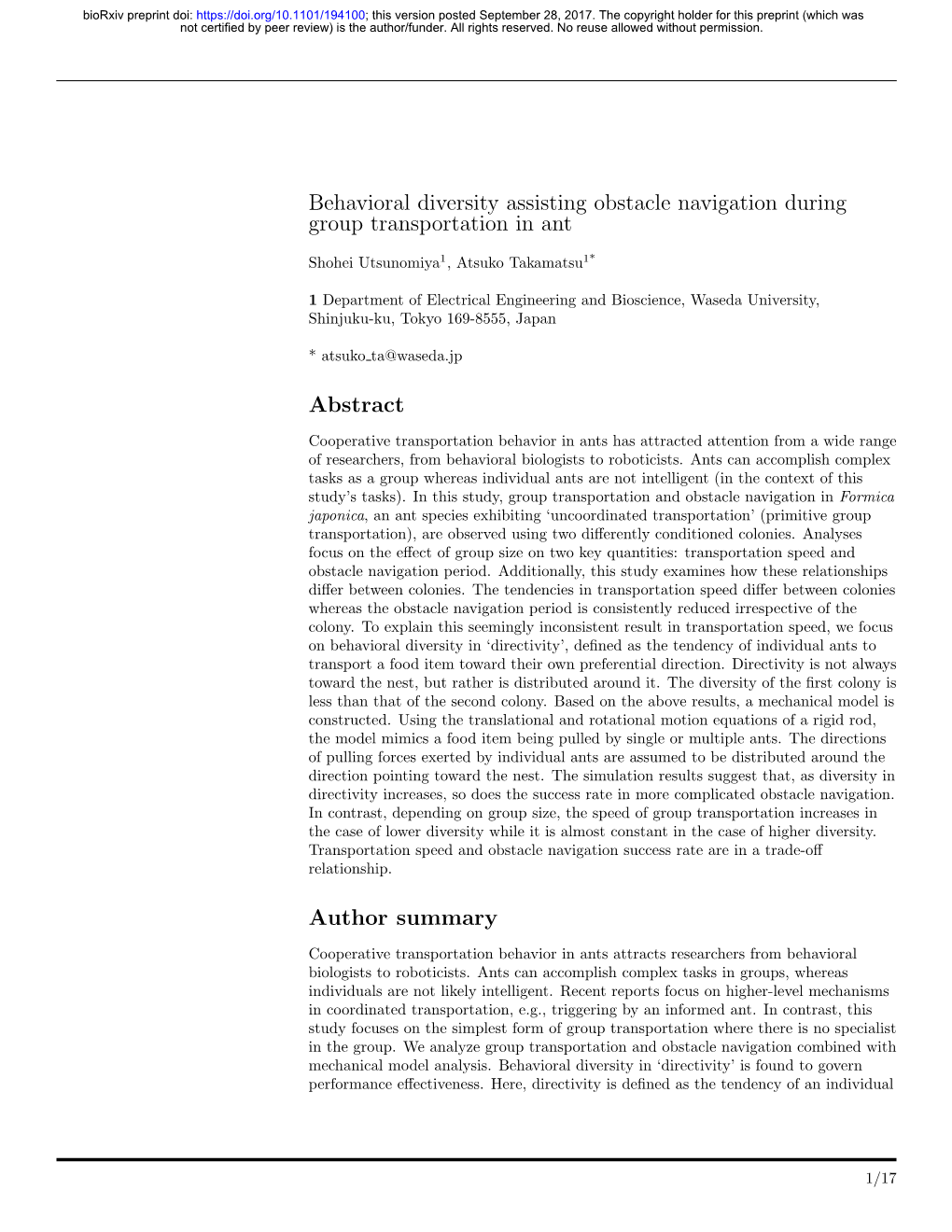 Behavioral Diversity Assisting Obstacle Navigation During Group Transportation in Ant