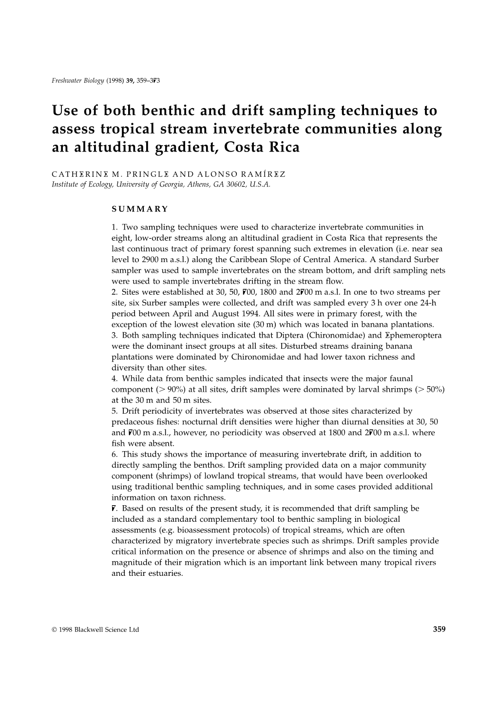 Use of Both Benthic and Drift Sampling Techniques to Assess Tropical Stream Invertebrate Communities Along an Altitudinal Gradient, Costa Rica