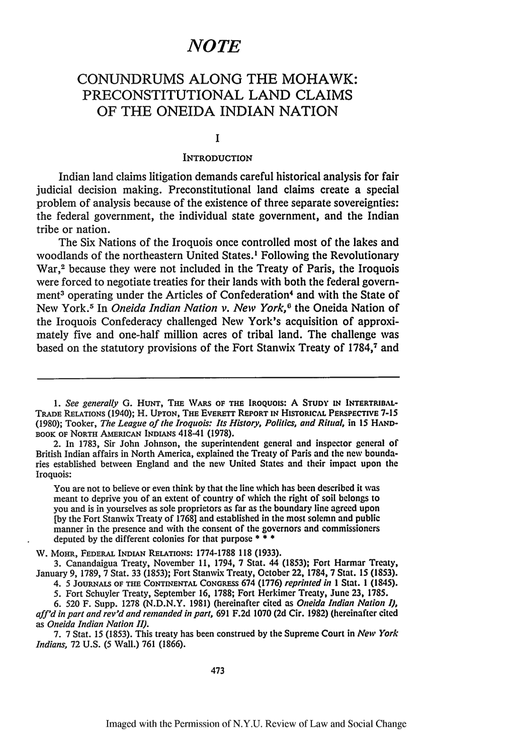 Conundrums Along the Mohawk: Preconstitutional Land Claims of the Oneida Indian Nation