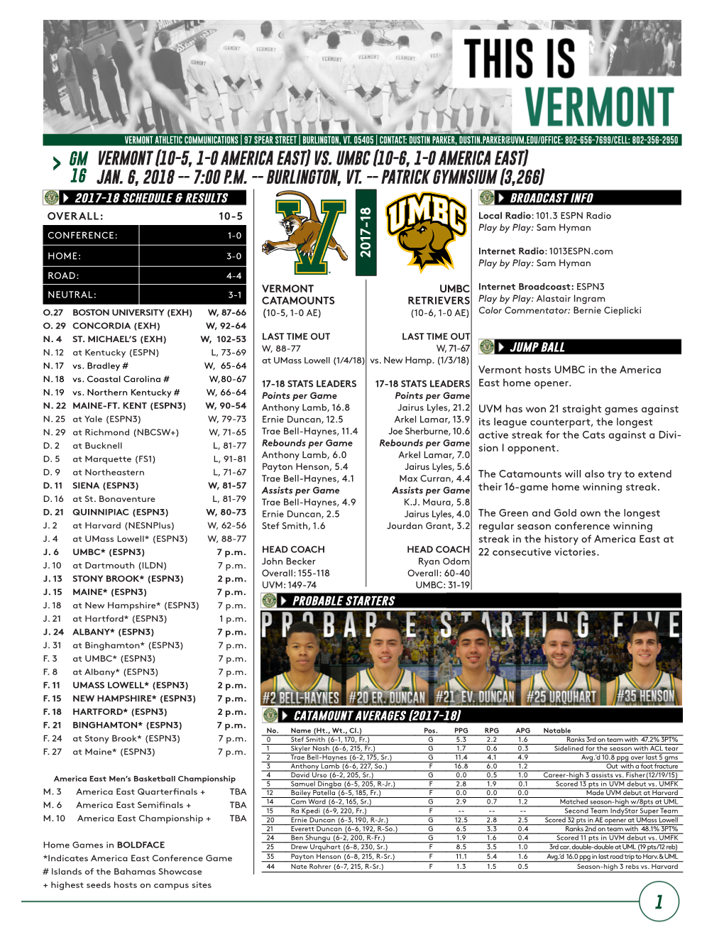 1 2 0 17-18 Gm 16 Vermont (10-5, 1-0 America East) Vs. Umbc (10-6, 1-0 America East) Jan. 6, 2018 -- 7:00 P.M. -- Burlington, Vt