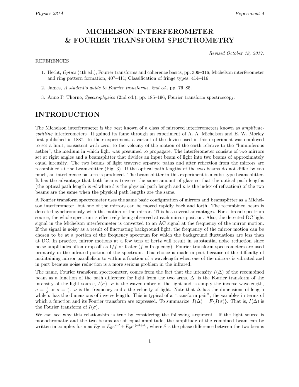 Michelson Interferometer & Fourier Transform Spectrometry Introduction