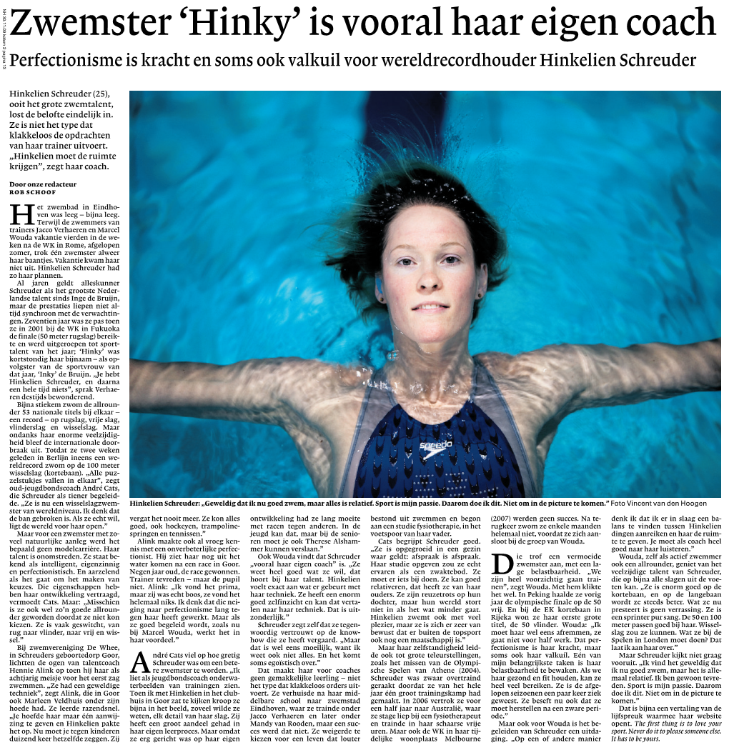Zwemster 'Hinky'is Vooral Haar Eigen Coach
