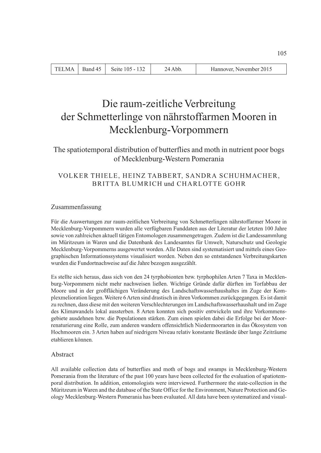 Die Raum-Zeitliche Verbreitung Der Schmetterlinge Von Nährstoffarmen Mooren in Mecklenburg-Vorpommern