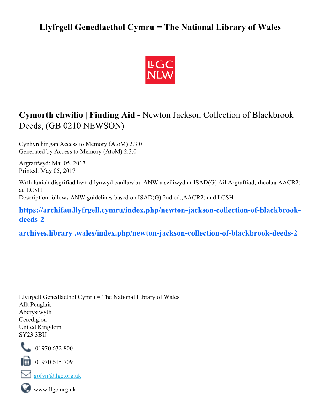 Finding Aid - Newton Jackson Collection of Blackbrook Deeds, (GB 0210 NEWSON)