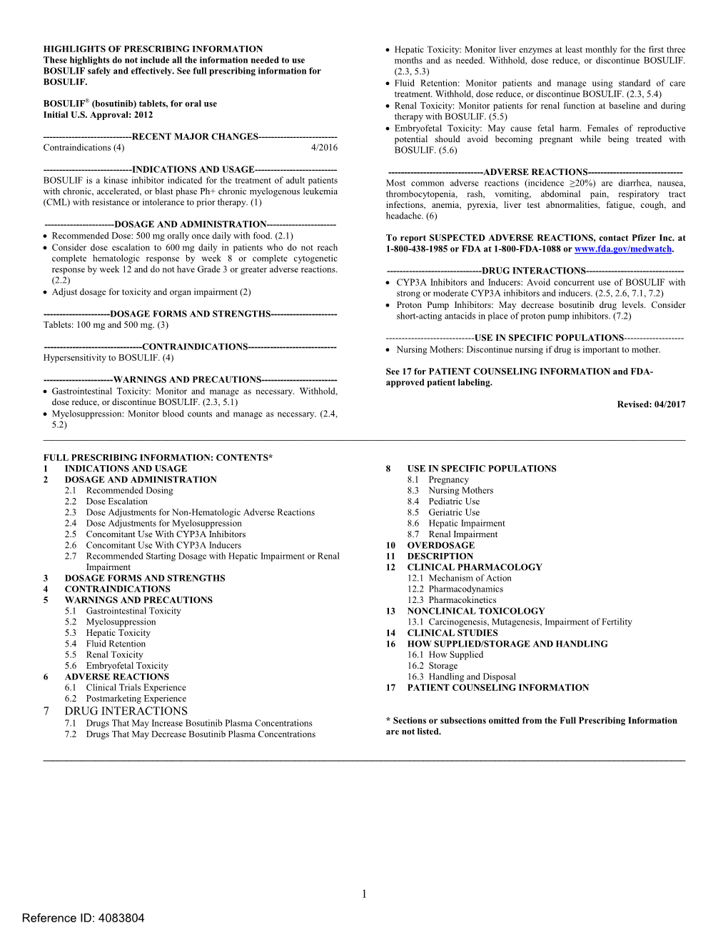 BOSULIF (Bosutinib) Tablets, for Oral Use • Renal Toxicity: Monitor Patients for Renal Function at Baseline and During Initial U.S