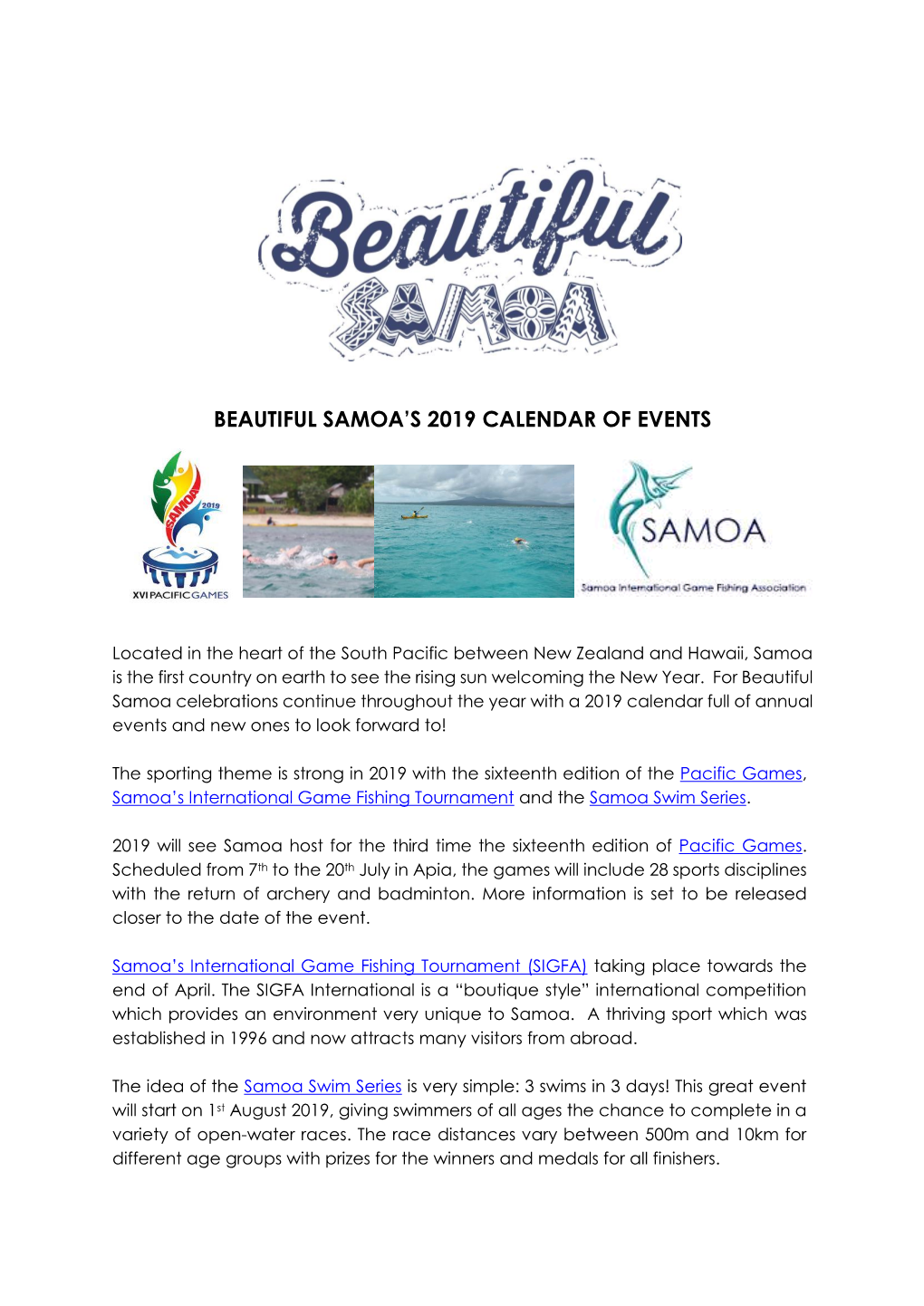 Beautiful Samoa's 2019 Calendar of Events