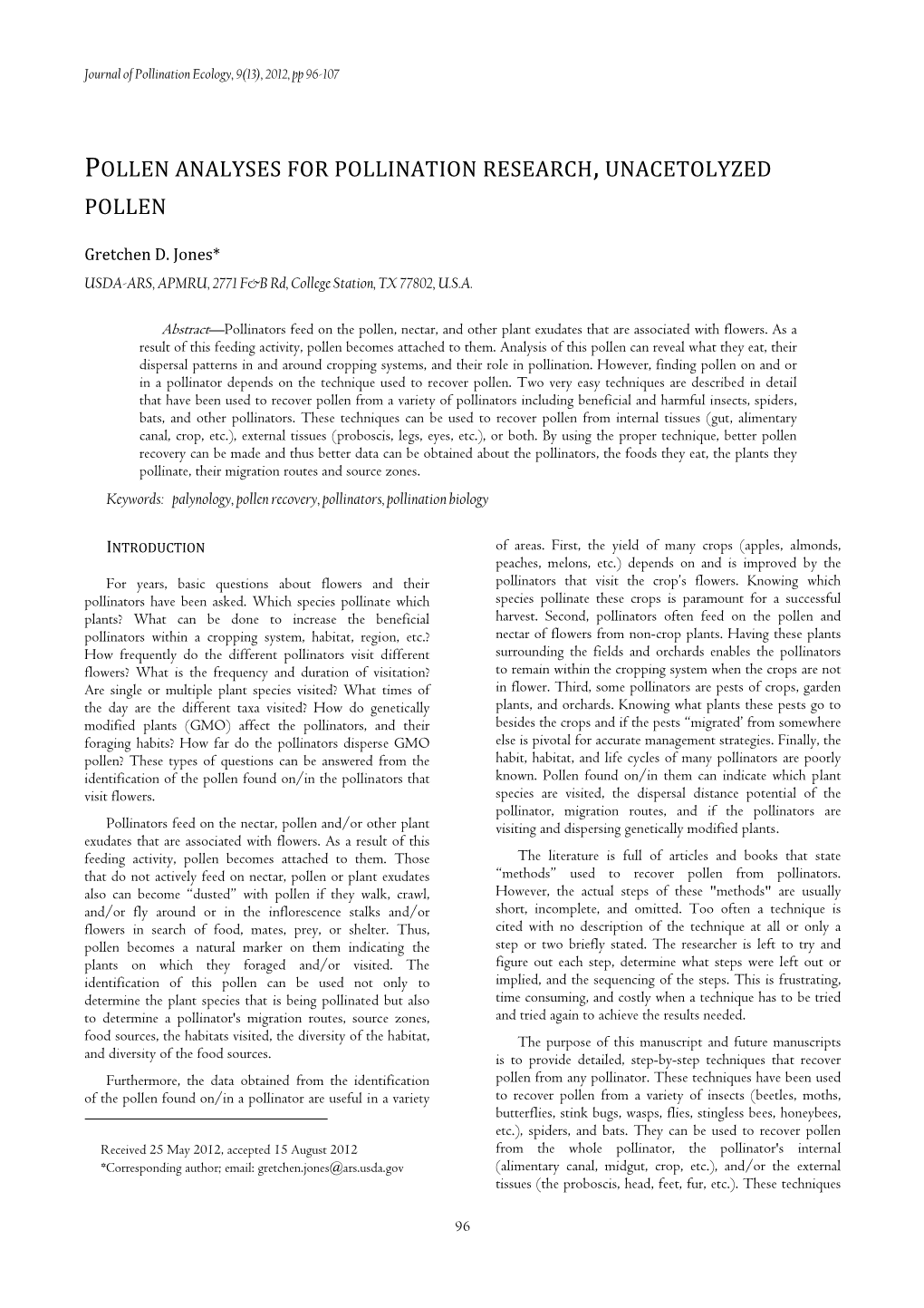 Pollen Analyses for Pollination Research, Unacetolyzed Pollen