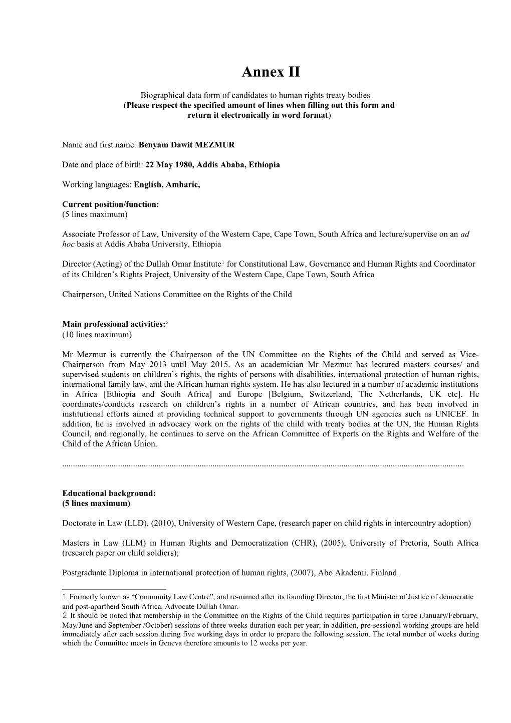 Biographical Data Form of Candidates to Human Rights Treaty Bodies